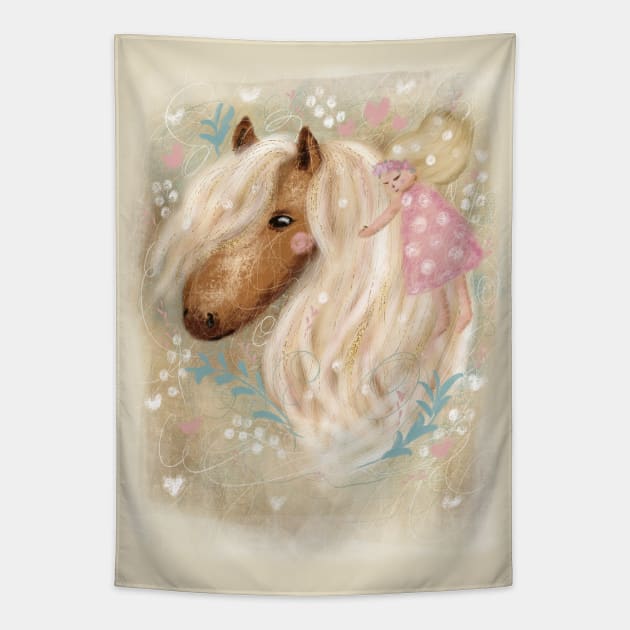 Cute dreaming romantic horse with flowers and a little girl. Tapestry by Olena Tyshchenko