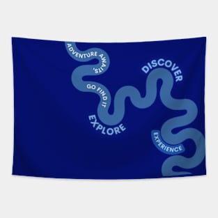 Navigate Your Story: White 'Adventure Awaits, Go Find It' on Navy Path - Design for Explorers with a Neon Twist Tapestry