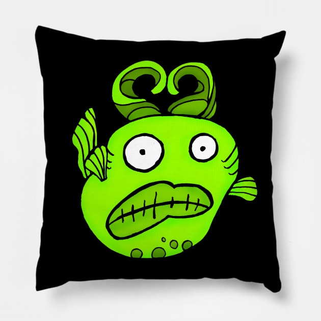 Green Alien Fish Pillow by ogfx