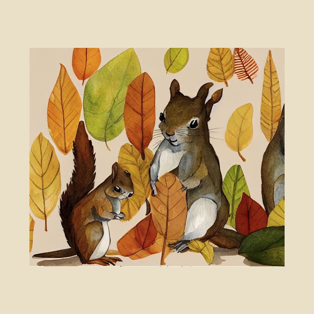 Squirrel mother and son with autumn leaves by fistikci