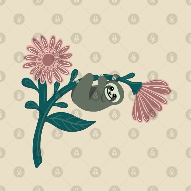 Just hanging around - happy sloth on giant daisy by NewBranchStudio