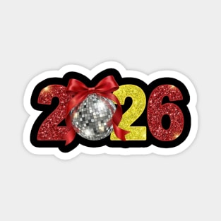 Happy New Year 2026 Disco Ball Red Coquette Bow Magnet