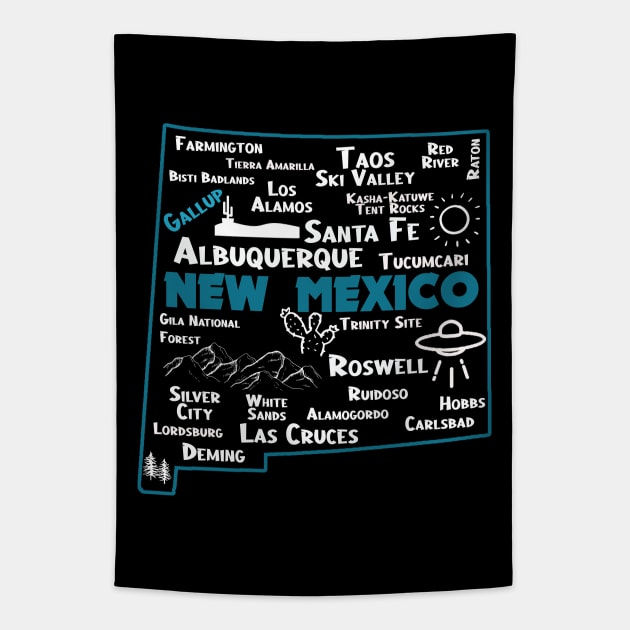 Gallup New Mexico map Albuquerque Map Santa Fe Los Alamos, Taos,Roswell Las Cruces Deming Carlsbad Hobbs Silver City Tapestry by BoogieCreates