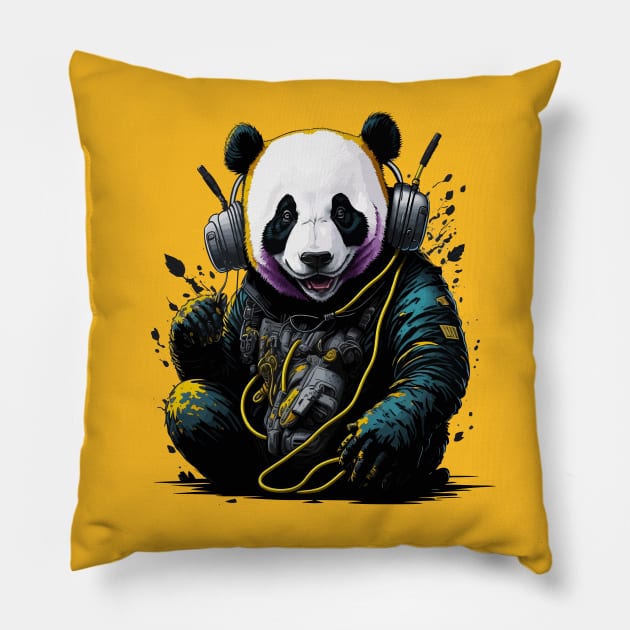 Dj Panda Headphones panda bear Pillow by hippohost