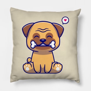 Cute Pug Dog Bite Bone Cartoon Pillow