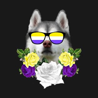 Husky Non Binary Pride Flag Sunglasses Floral T-Shirt