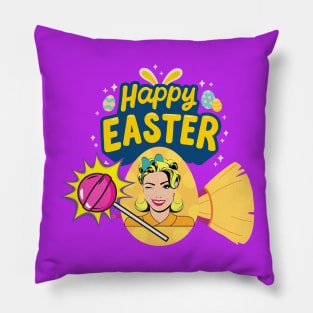 Happy easter pop art girl broom modern art lollipop girl Pillow