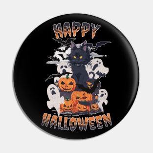 HAPPY HALLOWEEN - BLACK CAT, GHOSTS & PUMPKINS Pin