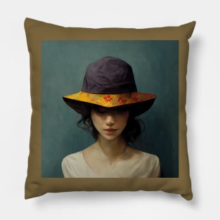 Peeking from beneath the brim, this shy  girl has a wonderful hat. Pillow