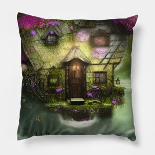 Sparkling Fantasy Cottage with Lights and Glitter Background in Forest, Scenery Nature Pillow