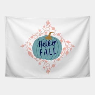 "Hello Fall" hand lettering on a big blue pumpkin with pink leaves Tapestry