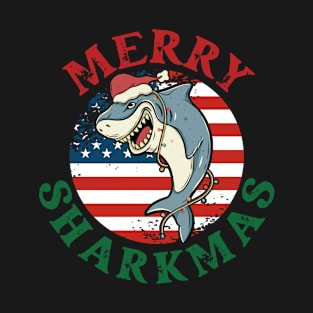 Merry Sharkmas. Funny Christmas Santa Hat Wearing Shark Boys Gift T-Shirt
