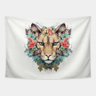 Vintage Mountain Majesty: Floral Crowned Lioness Tapestry