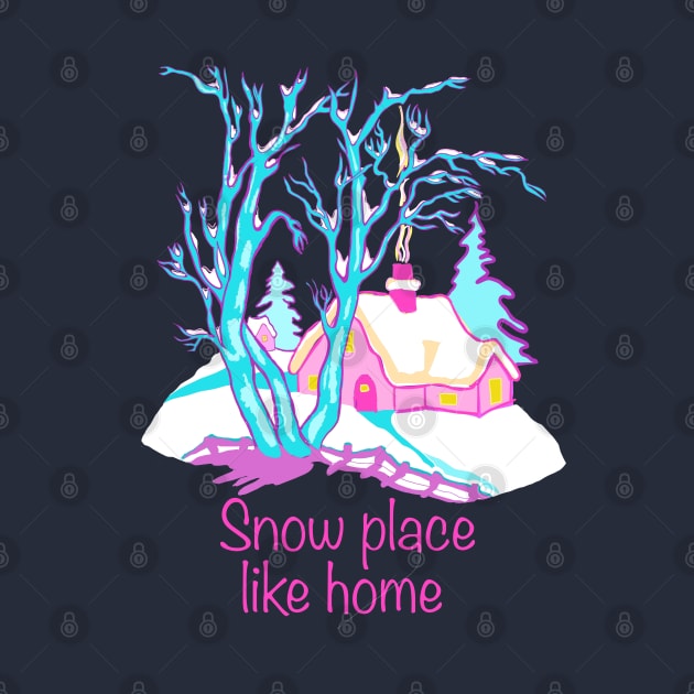 There is snow place like home winter wonder nostalgic teal pink and purple illustration. by Peaceful Pigments