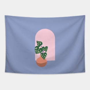 Monstera plant and arched window - blue Tapestry