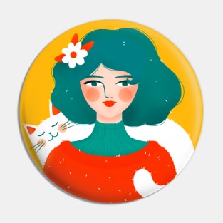 Cute girl with cute white cat, version 2 Pin