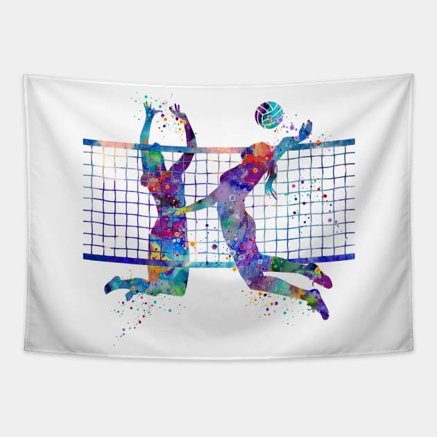 Volleyball Girls Playing Colorful Watercolor Tapestry by LotusGifts