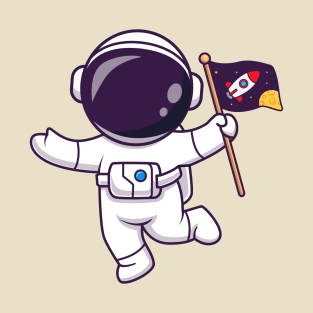 Cute Astronaut Floating With Space Flag Cartoon T-Shirt