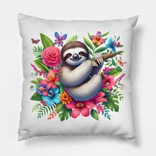 A sloth decorated with beautiful colorful flowers. Pillow