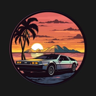 DeLorean inspired car Sunset Palm Trees beach T-Shirt