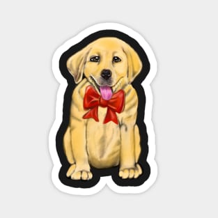 Dog Labrador retriever with red bow- doggie festive cute Golden Labrador retriever puppy dog in winter beanie hat Magnet