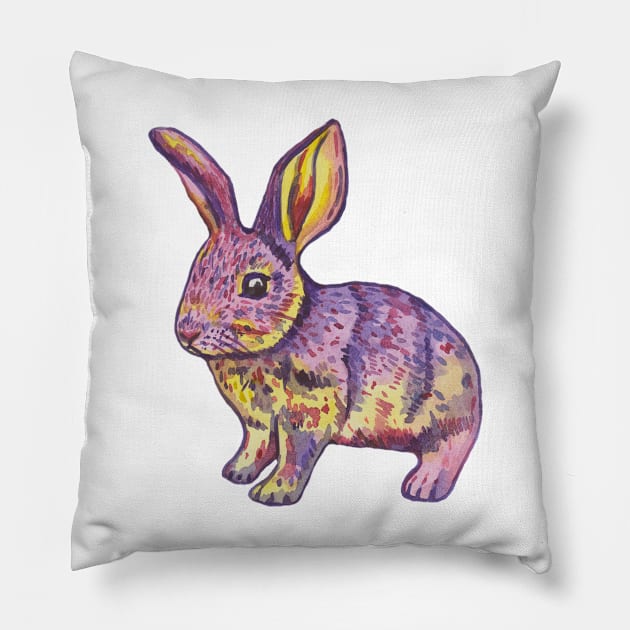 Colorful pink yellow watercolor bunny Pillow by deadblackpony