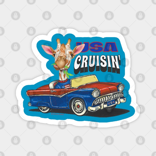 Humorous and Cute Giraffe driving in a cute classic car in the USA Magnet by Danny Gordon Art