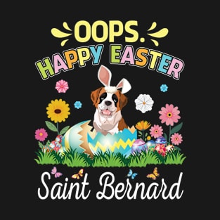 Saint Bernard Dog Bunny Costume Play Flower Egg Happy Easter T-Shirt