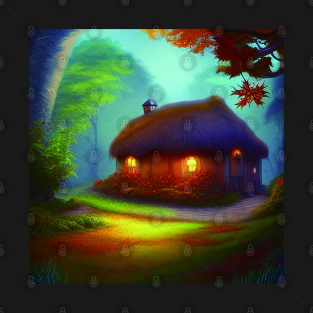 Fantasy Green House In a Greenery Scene, Fantasy Cottagecore artwork by Promen Art