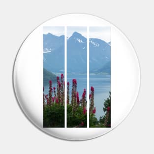 Wonderful landscapes in Norway. Vestland. Beautiful scenery of Romsdal Fjord from the Torvikeidet village. Nice flower composition in foreground. Snowed mountains Summer cloudy day (vertical) Pin