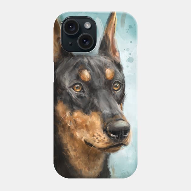 Contemporary Painting of a Black and Gold Doberman Pinscher on Blue Background Phone Case by ibadishi