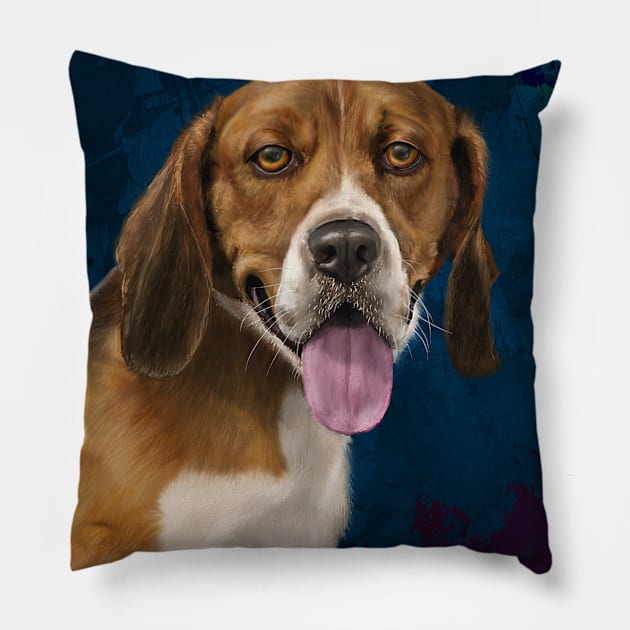 Beautiful Beagle Painting on Blue Background Pillow by ibadishi