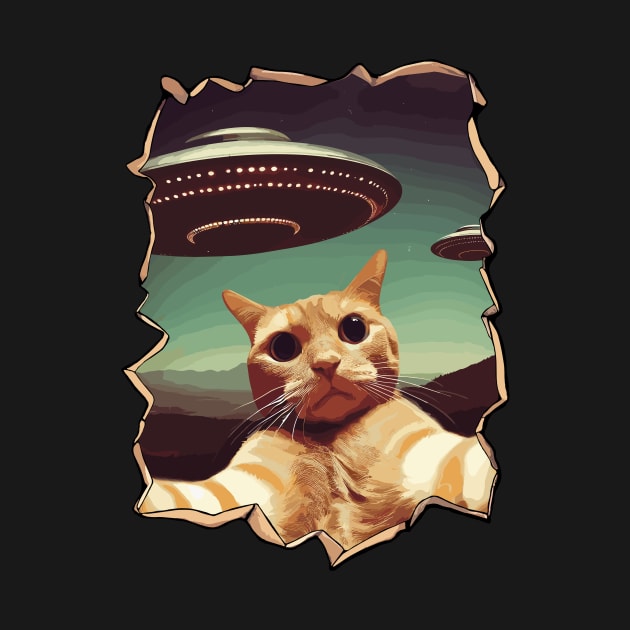 Cut Out Cat In Space Funny Cat Selfie With UFOs Behind by KromADesign