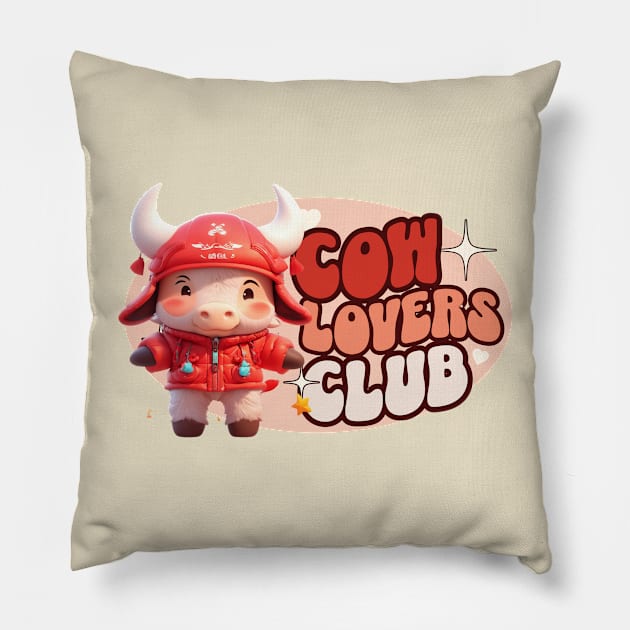 Cute Cow personified with red jacket Kids Pillow by Moonlight Forge Studio