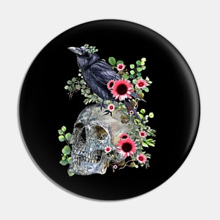 Black raven with skull and leaves crow, skeleton leaves eucaliptus and pink sunflowers Pin