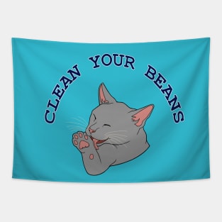 Clean Your Beans Gray Cat Pun Tapestry