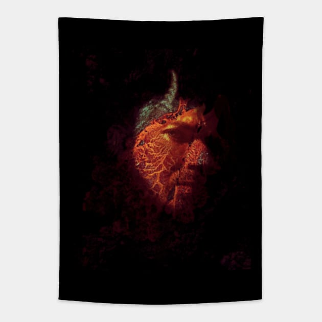 Portrait, digital collage and special processing. Devil face, side. Horn and lava texture. Red spots, glowing orange. Tapestry by 234TeeUser234