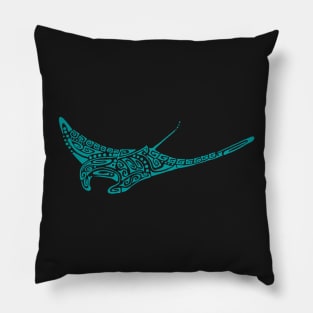 Turquoise manta ray tattoo style pale gray background Pillow