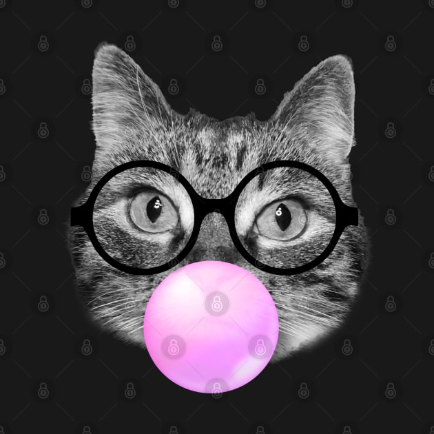 Funny cat blowing a pink bubble gum by Purrfect