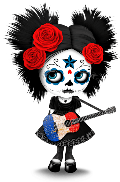 Sugar Skull Girl Playing French Flag Guitar Kids T-Shirt by jeffbartels