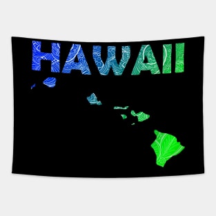 Colorful mandala art map of Hawaii with text in blue and green Tapestry