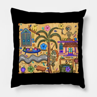 Cute Skeletons - Día De Los Muertos - Goa - Coconut fruit - Doodle Village Life Pillow