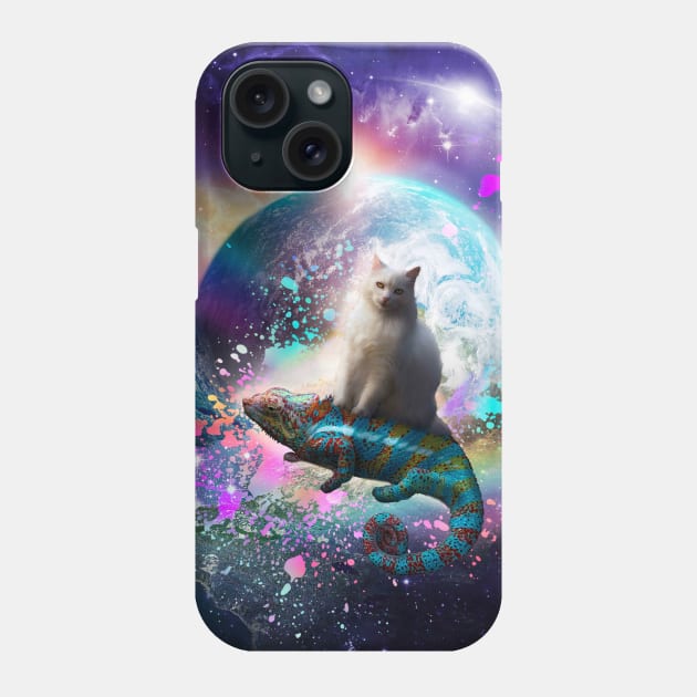 Kitty Cat Riding Rainbow Chameleon Lizard In Space Universe Phone Case by Random Galaxy