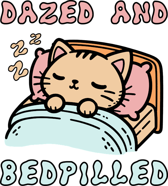 Dazed And Bedpilled - Cute Sleepy Cat Meme Kids T-Shirt by SpaceDogLaika