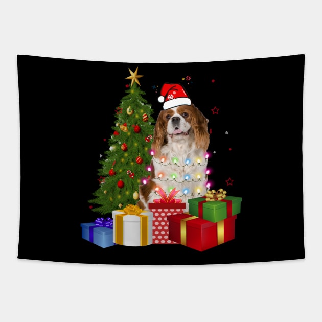 Cavalier King Charles Spaniel Christmas Tree Santa Hat Funny Xmas Gift Dog T-Shirt Tapestry by CoolTees