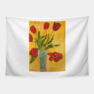 Red tulips  in vase on yellow background Tapestry