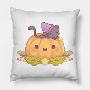 Cute Black Cat Carving a Halloween Pumpkin Pillow