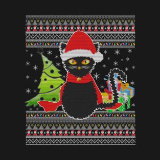 Ugly Christmas Black Cat Santa Hat Scarf Holiday Cute Gift T-Shirt