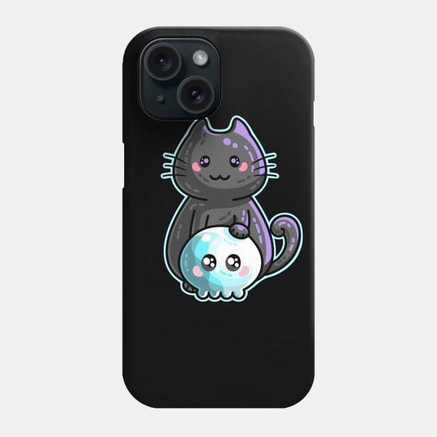 Kawaii Cute Black Cat and Skull Phone Case by freeves