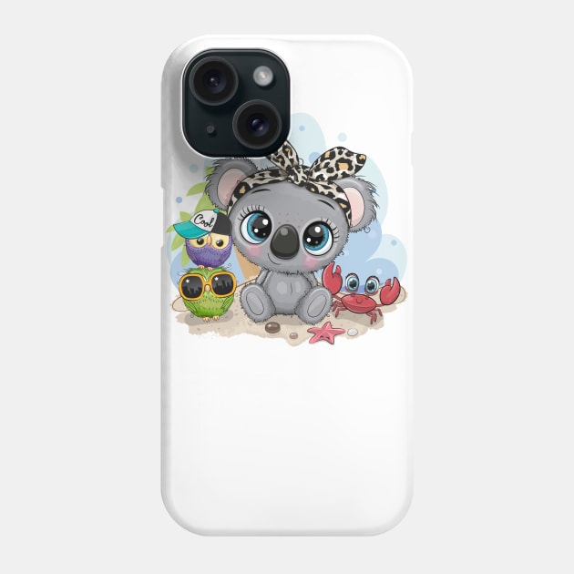 Cute koala, owlets and crab. Beach theme. Phone Case by Reginast777